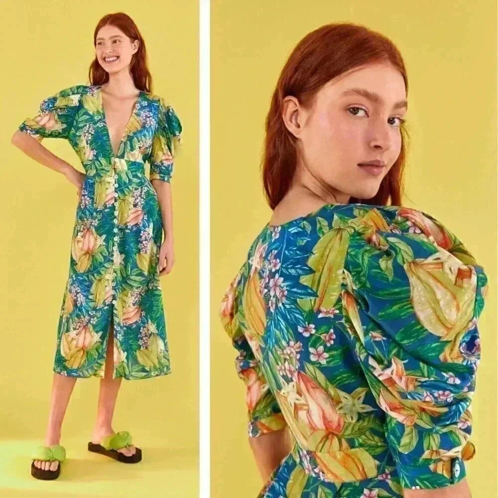 NWT FARM Rio Star Fruit Puff Sleeve Midi Dress